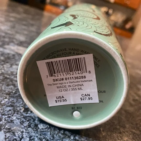 Starbucks 2022 Silver Green Swirl  12oz Tumbler Ceramic Purple Lid - Picture 3 of 5